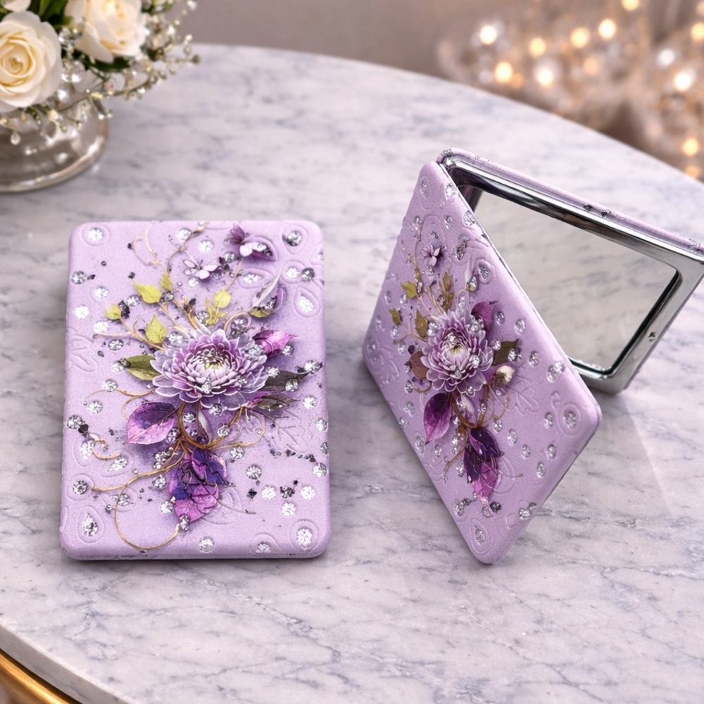 Floral Compact 2 IN 1 Double-Sided Mirror & Magnified Purple Glitter Design✨NEW